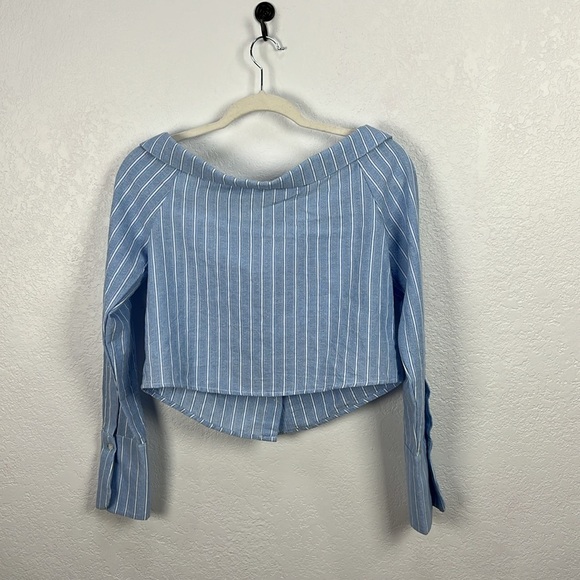 Tobi Women’s Blue White Striped Shirt Off the Shoulder Long Bell Sleeve Size S/P - Picture 7 of 9